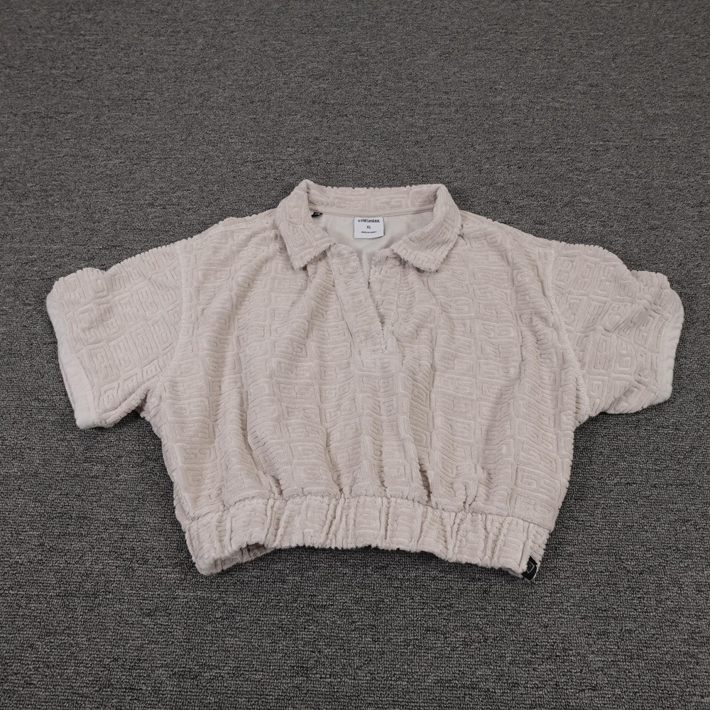 Gymshark Polo Shirt Womens XL Beige Terry Cropped Elastic Hem Knit Top
